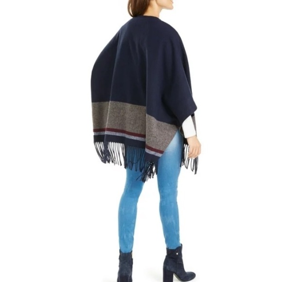 Burgundy Navy Gray Color Block Tommy Coat Cold Weather Fringe Trim NEW NWOT - Picture 5 of 16